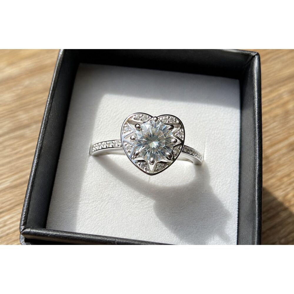 1 CT D Color Moissanite Heart Ring - Adjustable Rhodium Plated - GRA Report
